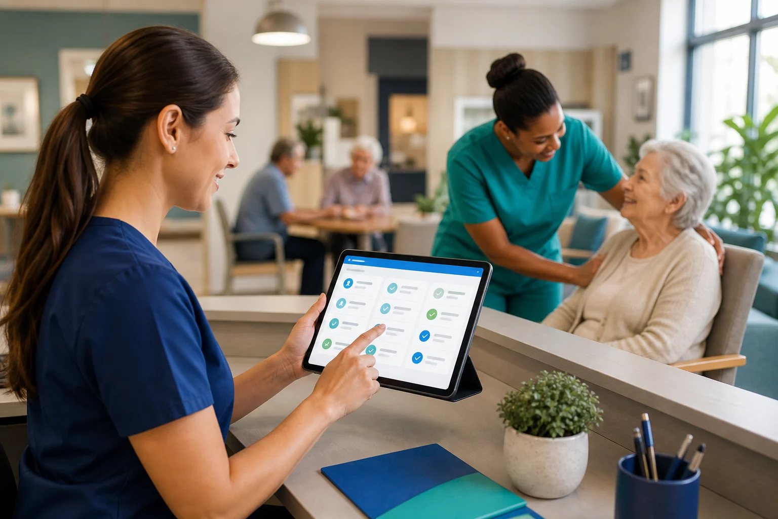 Equipe da ILPI usando tablet para consultar informações da rotina